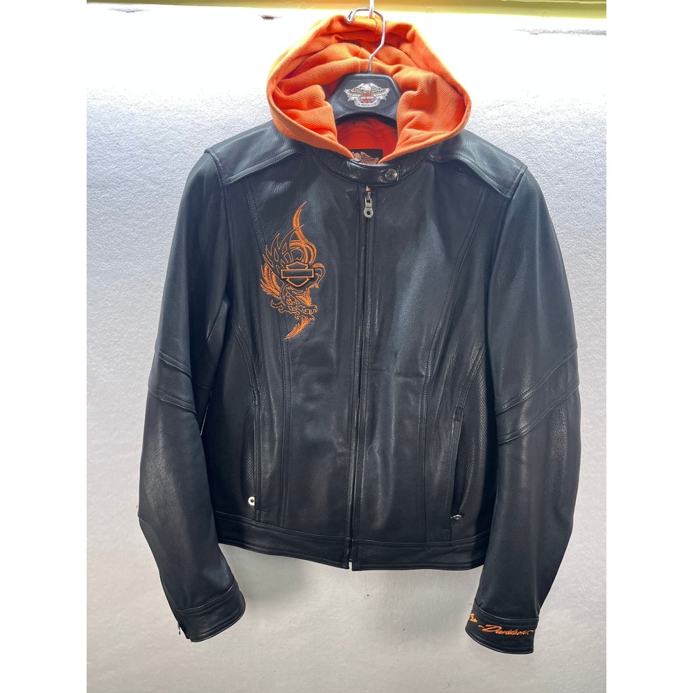 Harley-Davidson Womens L Leather Biker Jacket Orange Tribal Eagle RemovableLiner